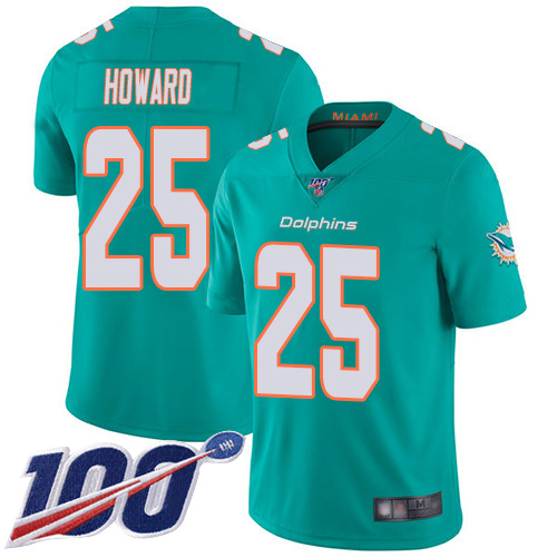 Nike Miami Dolphins 25 Xavien Howard Aqua Green Team Color Men Stitched NFL 100th Season Vapor Limited Jersey